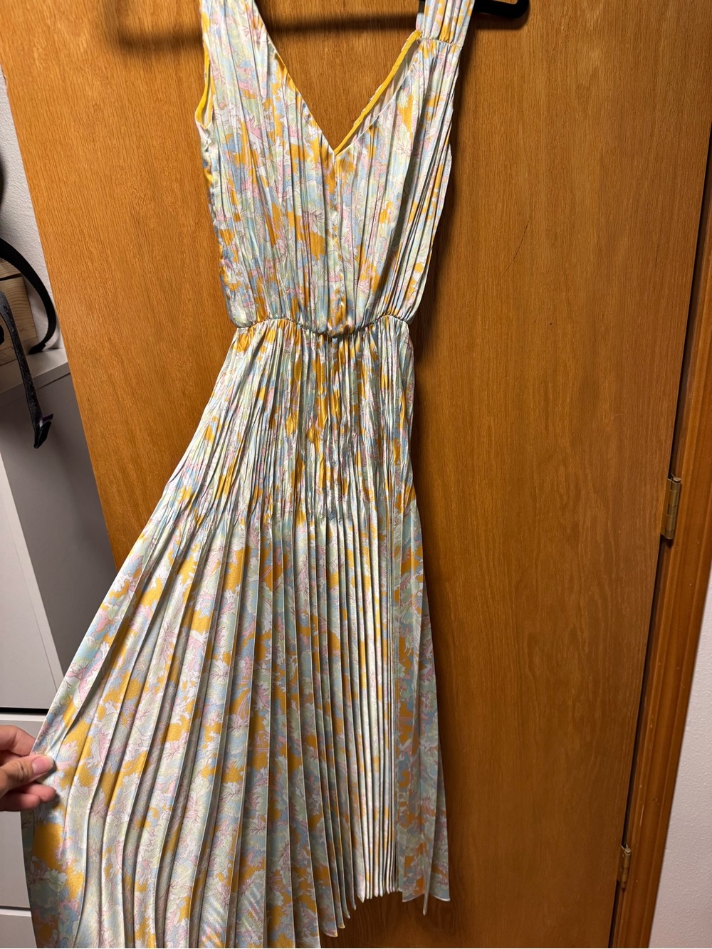 Vince Pleated Midi Dress in Yellow and Light Blue Floral
